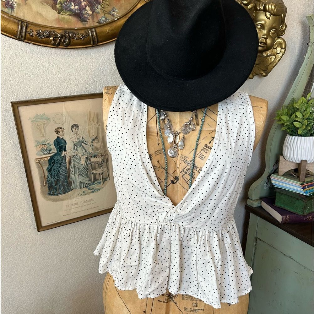 Women’s White Polka Dot Peplum Sleeveless Top